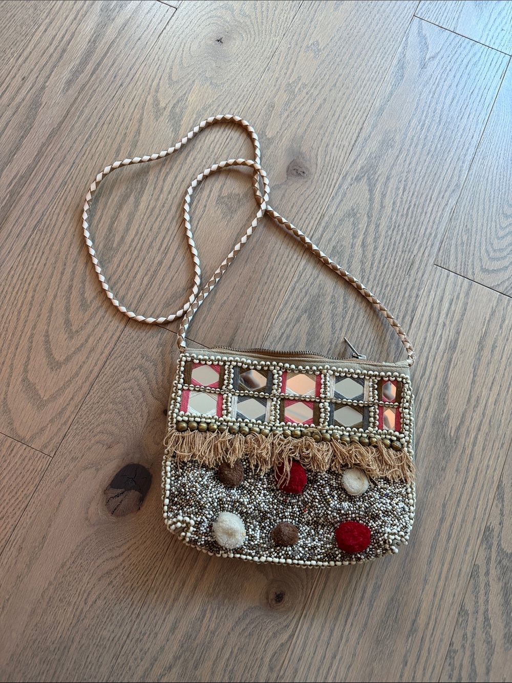 Shashi Boho Embellished Crossbody Bag in Neutral, Red & Pink